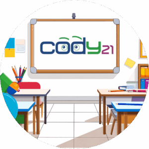 Illustration of a classroom with the cody21 logo displayed on the board.