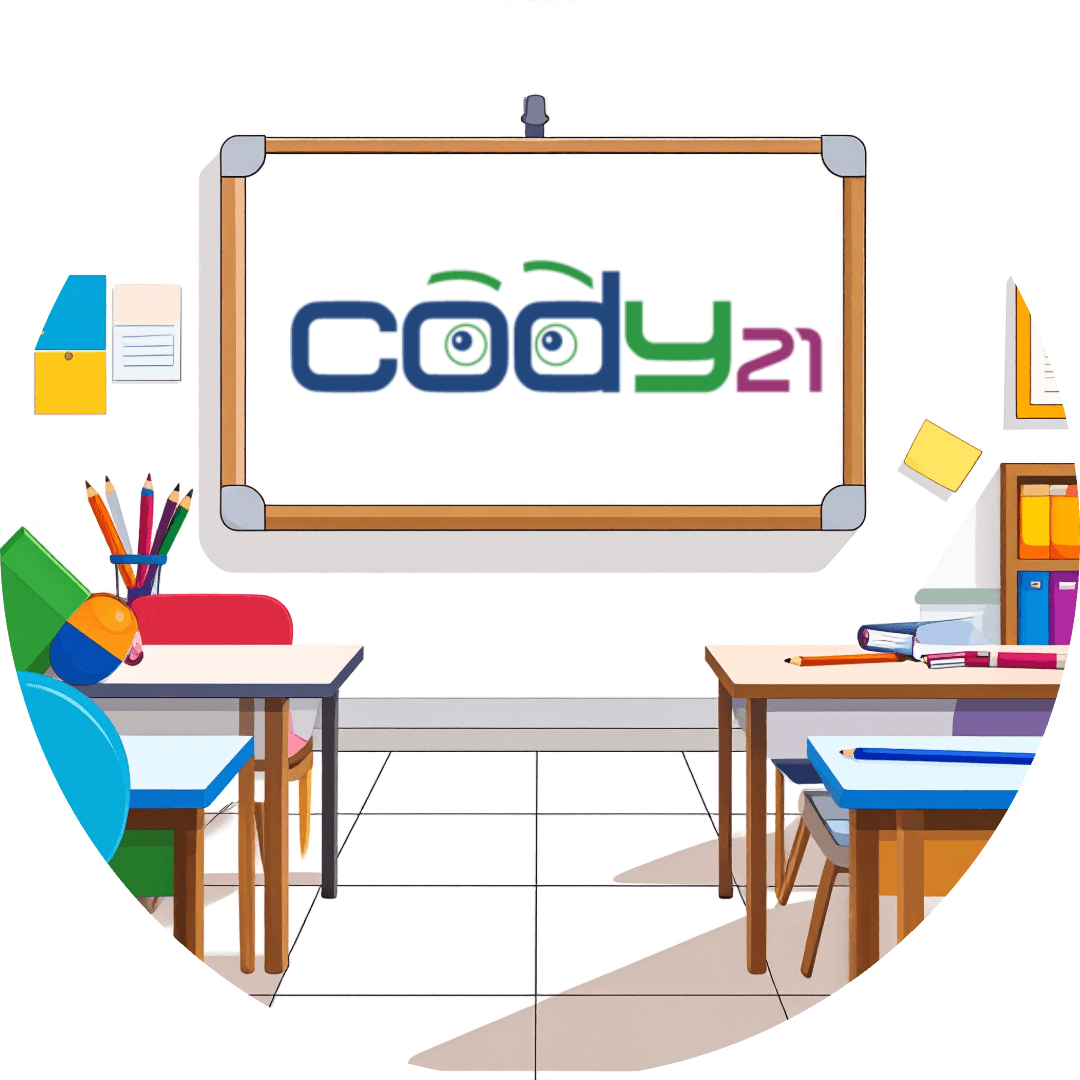 Illustration of a classroom with the cody21 logo displayed on the board.