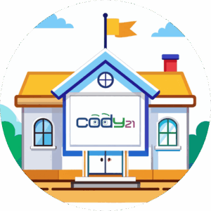 Illustration of a primary school building with the cody21 logo at the entrance.